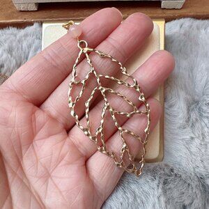 Rose Quartz Bead Hammered Leaf Pendant Long Gold Necklace